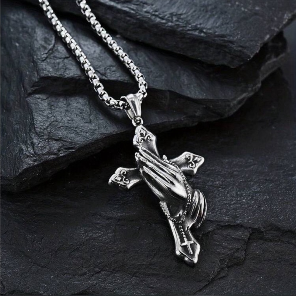 Personalized Stainless Steel Praying Hand Necklace With Cross Charm  Stylish